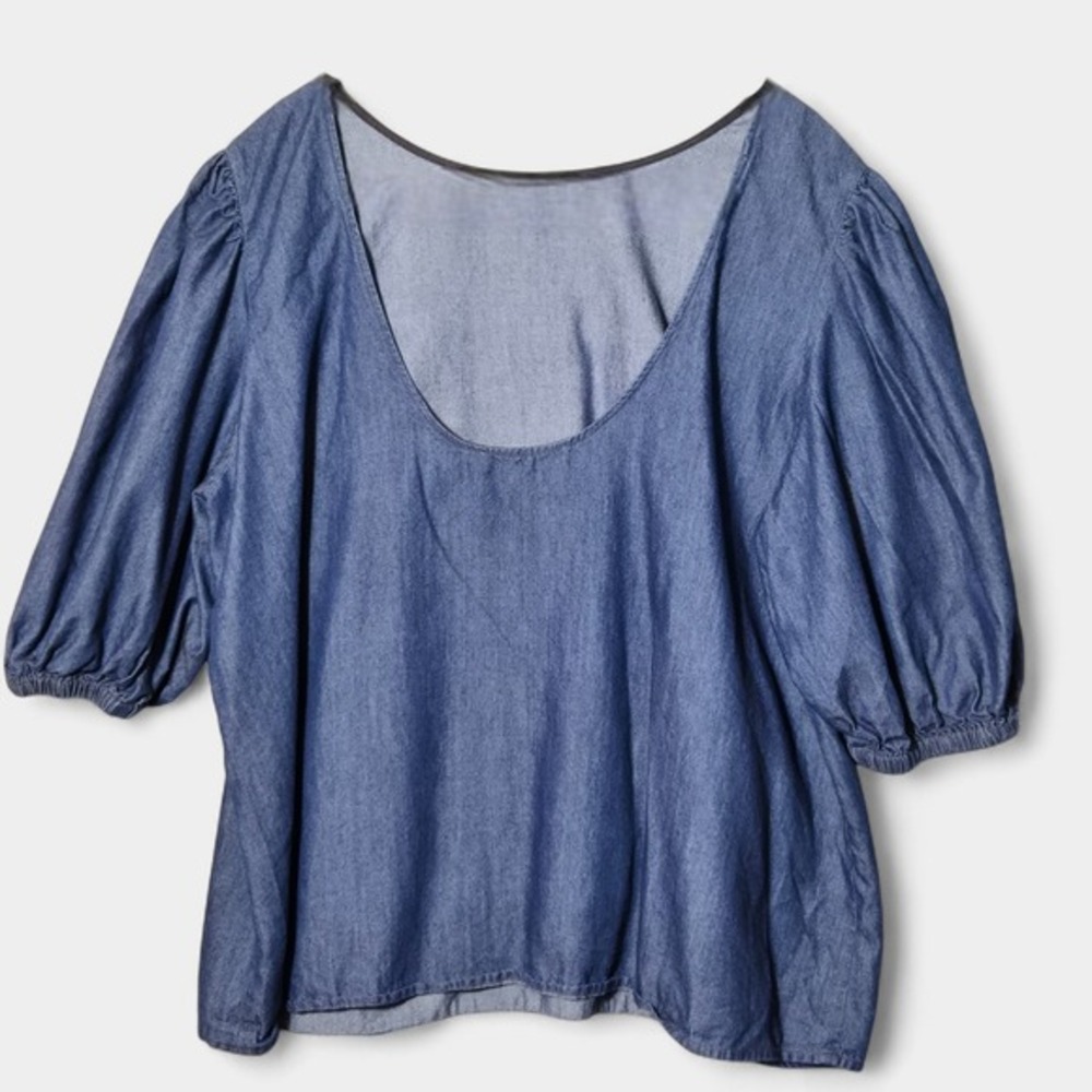 Eloquii Denim Puff Sleeve Blouse Chambray Blue 18 Plus‎ Size Casual Minimalist - Picture 4 of 11